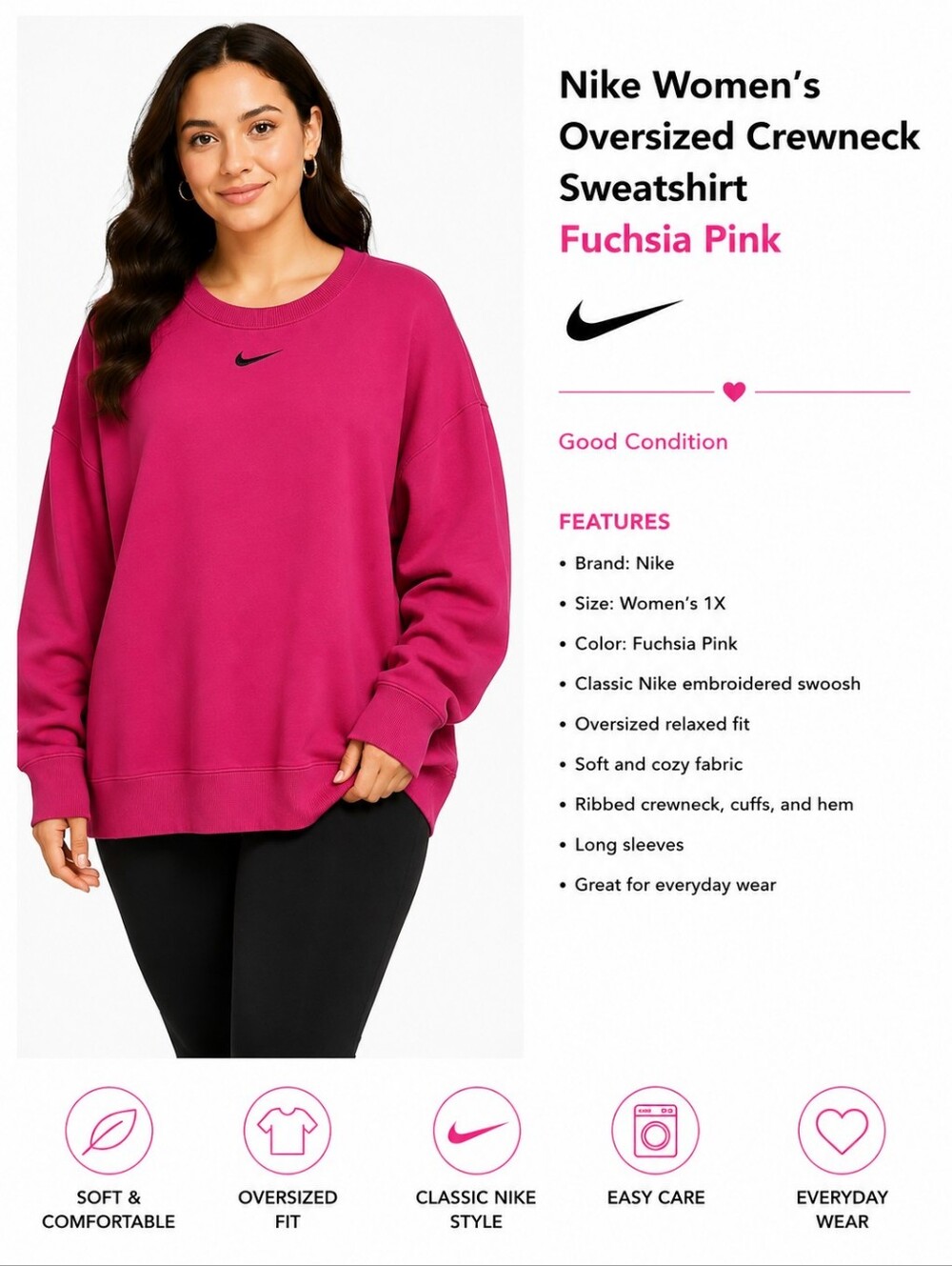 Nike Women's Oversized Crewneck Sweatshirt Plus Size 1X Fuchsia Pink Embroidered - Picture 6 of 6